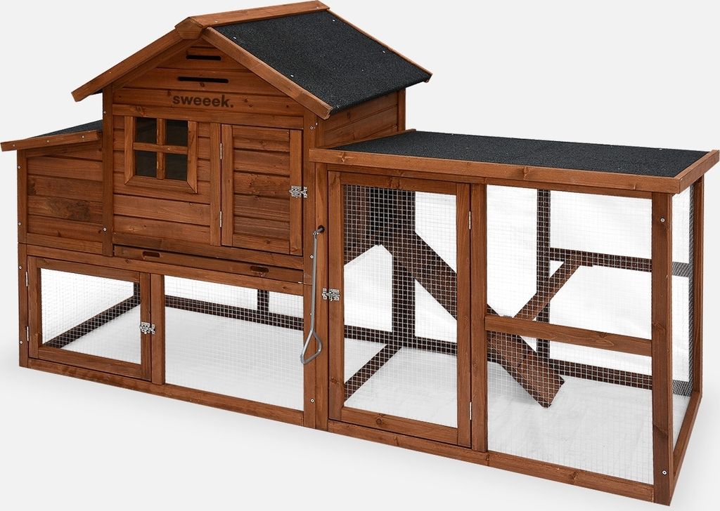 A wooden chicken coop with an attached run, presented against a white background.