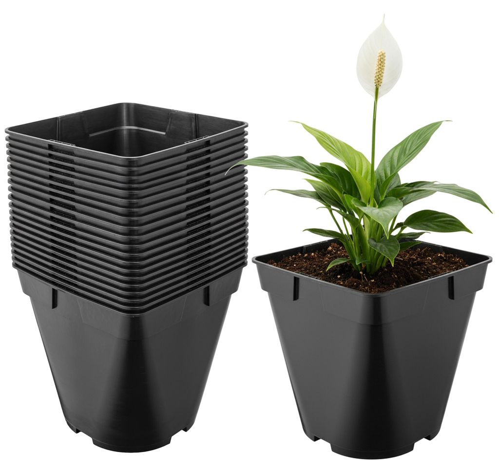 Garronda 20 Stück Kunststoff eckig abgerundet mit Drainagelöchern für Garten (Schwarz, 18 x 18 x 18 cm (4L)) GD-KW-SR