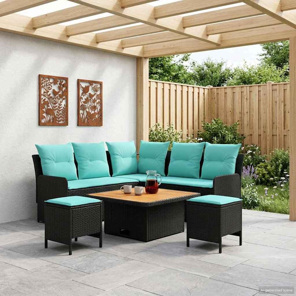 Möbelsets mit Kissen 6 pcs Schwarz und Türkis PE-Rattan - Gartensofas DE639