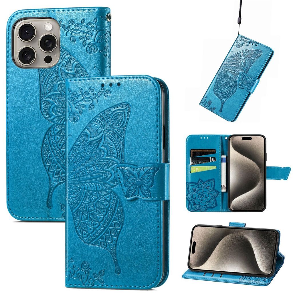 Für Apple iPhone 16 Pro Max Kunstleder Wallet Handy Tasche Schmetterling Design Hülle Etuis Blau