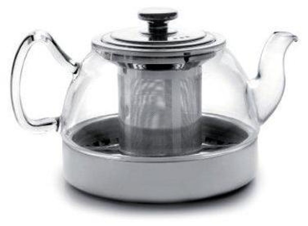 A glass teapot with a metal infuser and lid, placed on a white background.