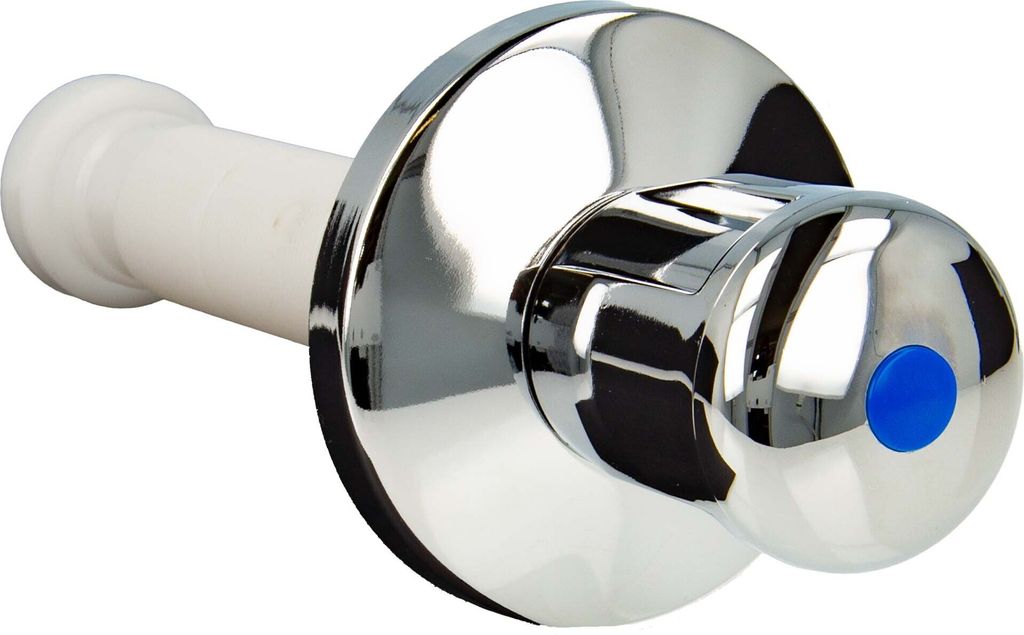 A close-up studio shot of a chrome toilet flush valve extension set with a white plastic tube and a blue button.