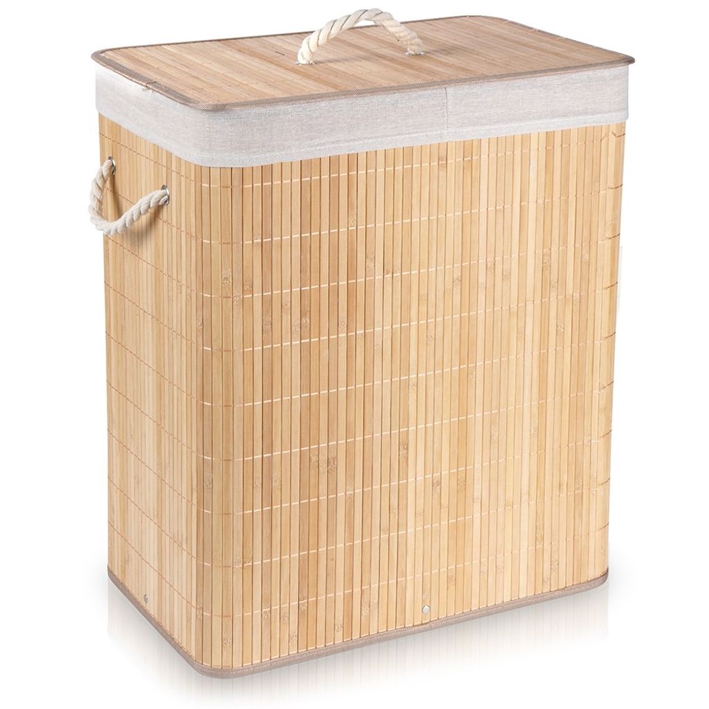 A laundry basket made of bamboo.