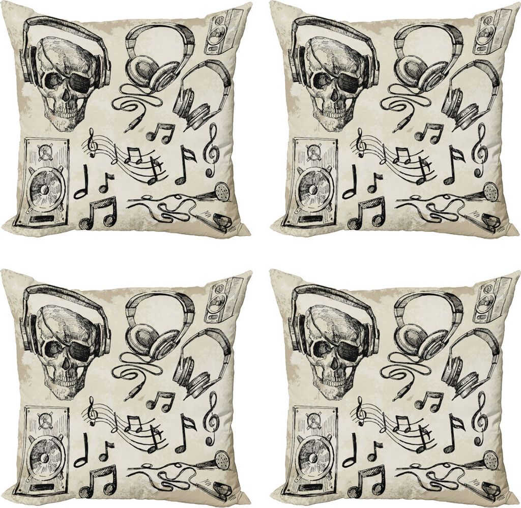 ABAKUHAUS Musik Kissenbezug Set (4 Stück), Musik Hipster Schädel, Moderner Doppelseitiger Digitaldruck, 60 cm x 60 cm, beige Schwarz