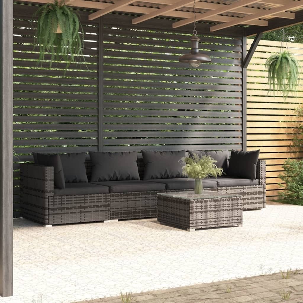 Schlichtes 5-tlg. Garten-Lounge-Set,Garnitur Sitzgruppe mit Kissen Poly Rattan Grau DE2131152