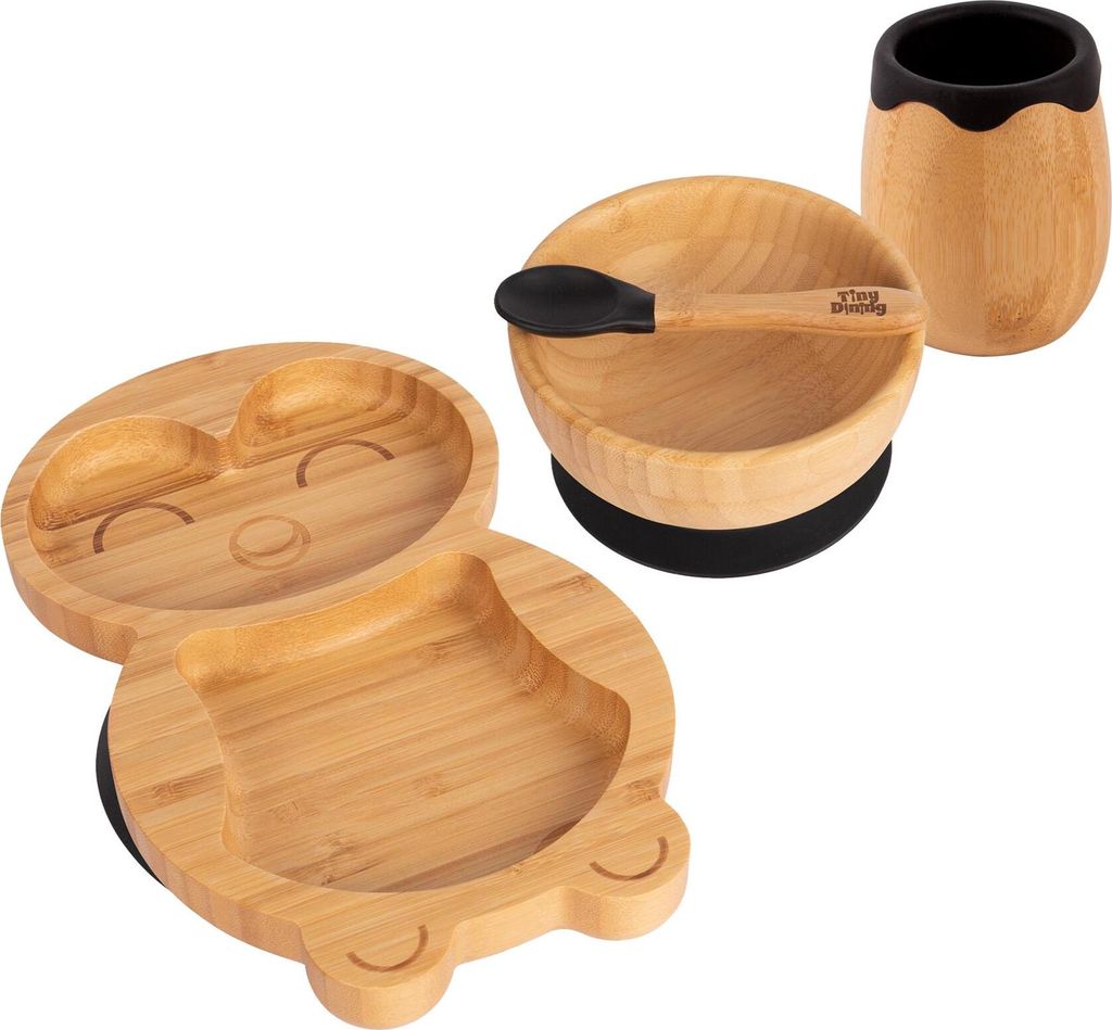 4pc Schwarz Pinguin Bambus Suction Baby-Fütterungsset - Kleinkind Entwöhnung Silikon Bleiben Sie Dran Essen Schale Teller Löffel Tasse Komplette...