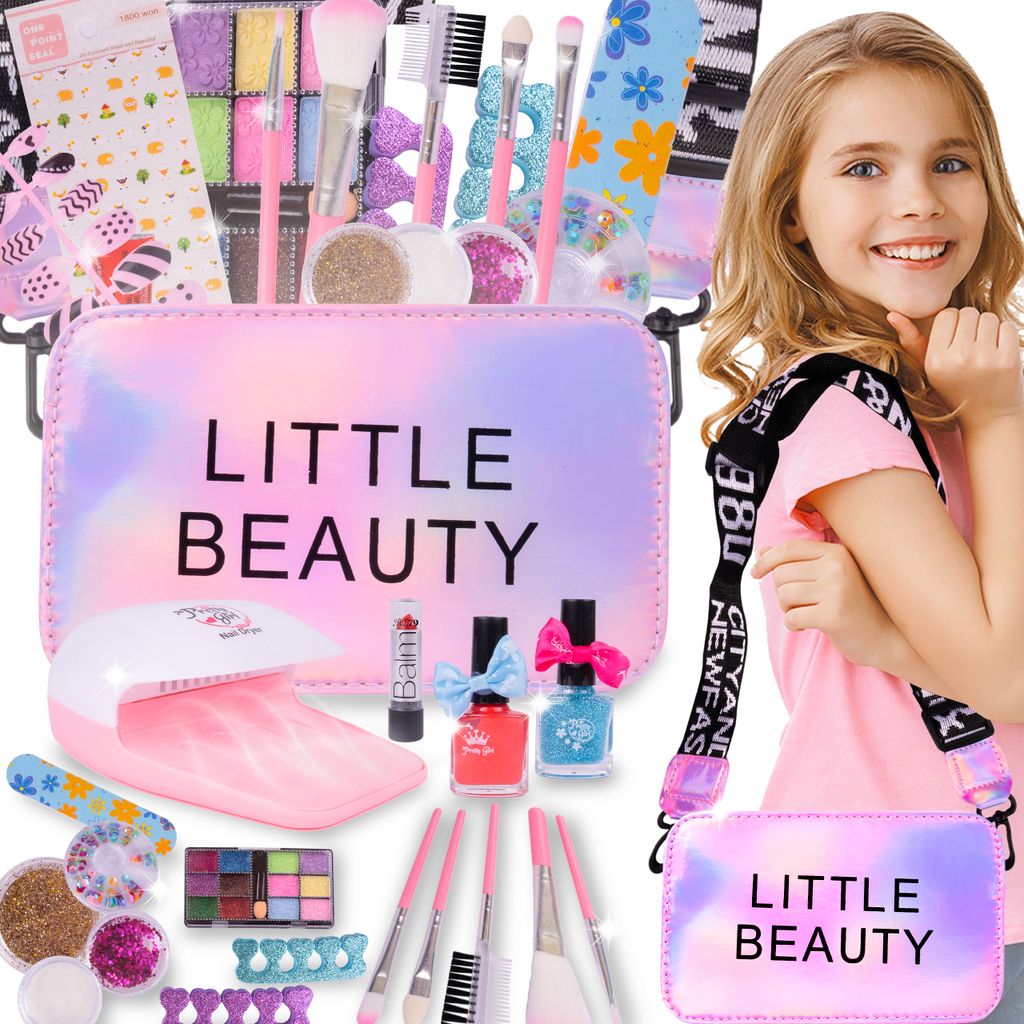 Malplay Make-Up Nagelkosmetik-Set mit Handtasche Kinderschminke Schminkset Spielzeug Waschbar Kosmetik für Mädchen Kinder ab 3 Jahren