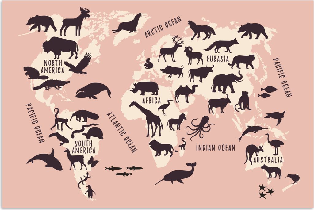 MuchoWow Poster Weltkarte - Rosa - Tiere 180x120 cm - Fotoplakat