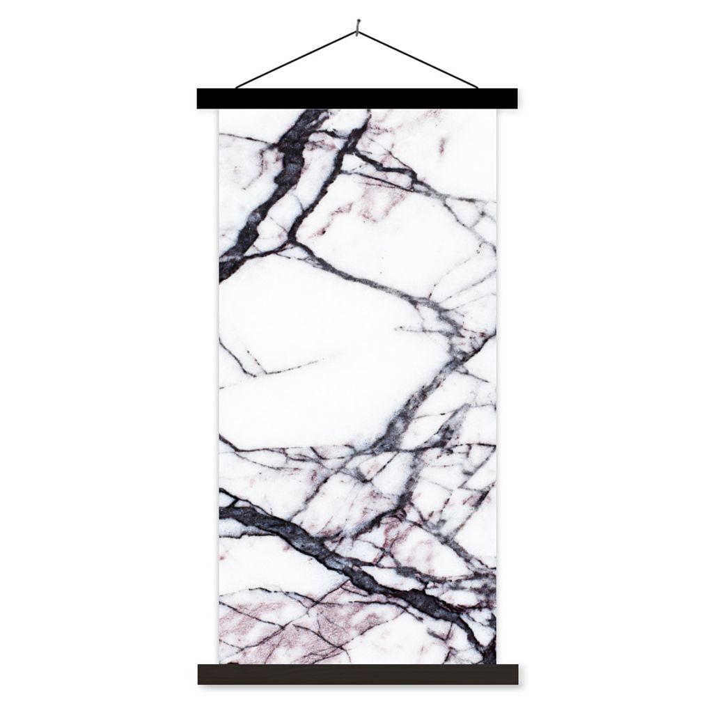 MuchoWow Textilposter Marmor - Weiß - Stein 90x180 cm mit schwarzem Rahmen - Dekoration Wohnzimmer