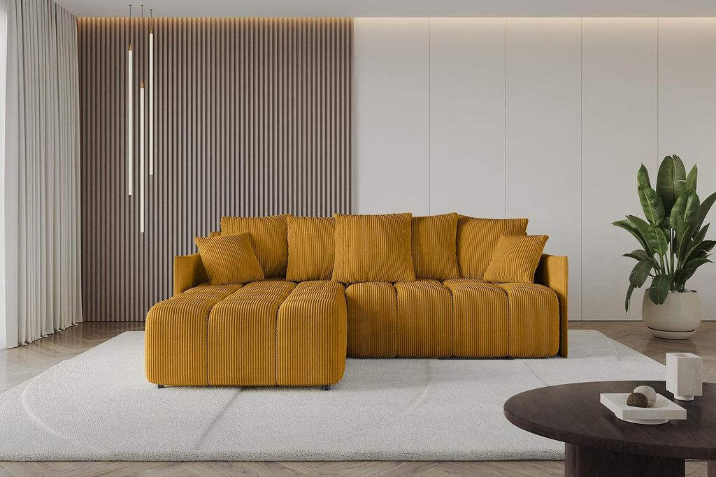 ALTDECOR Ecksofa mit Schlaffunktion und Bettkasten LONLI-L 251x189x68 cm Senfgelb - Corner Sofa Bett Eckcouch Couch L-Form Schlafcouch Ausziehbar W...