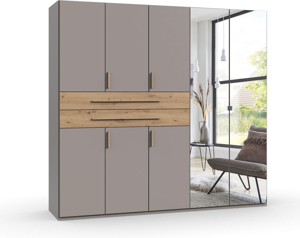 Drehtürenschrank >DIGIT< in SAHARAGRAU / EICHE / SPIEGEL - 225x208x58cm (BxHxT)