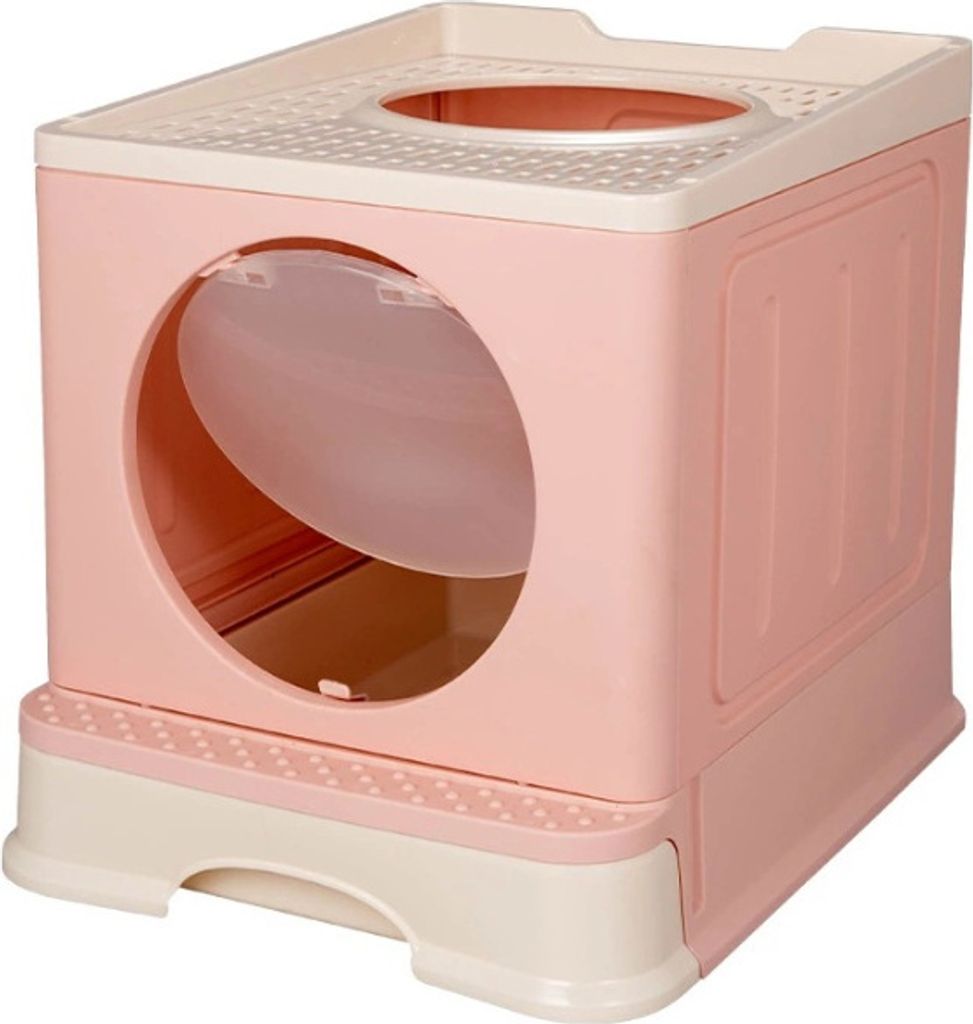 Faltbar Katzentoilette mit ausziehbarer Schale Katzenklo mit Schaufel Tragbar Doppeltür Rosa