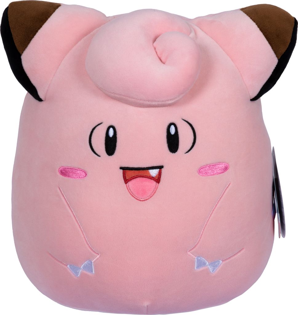A plush toy of the Pokémon character Clefairy is shown against a white background.