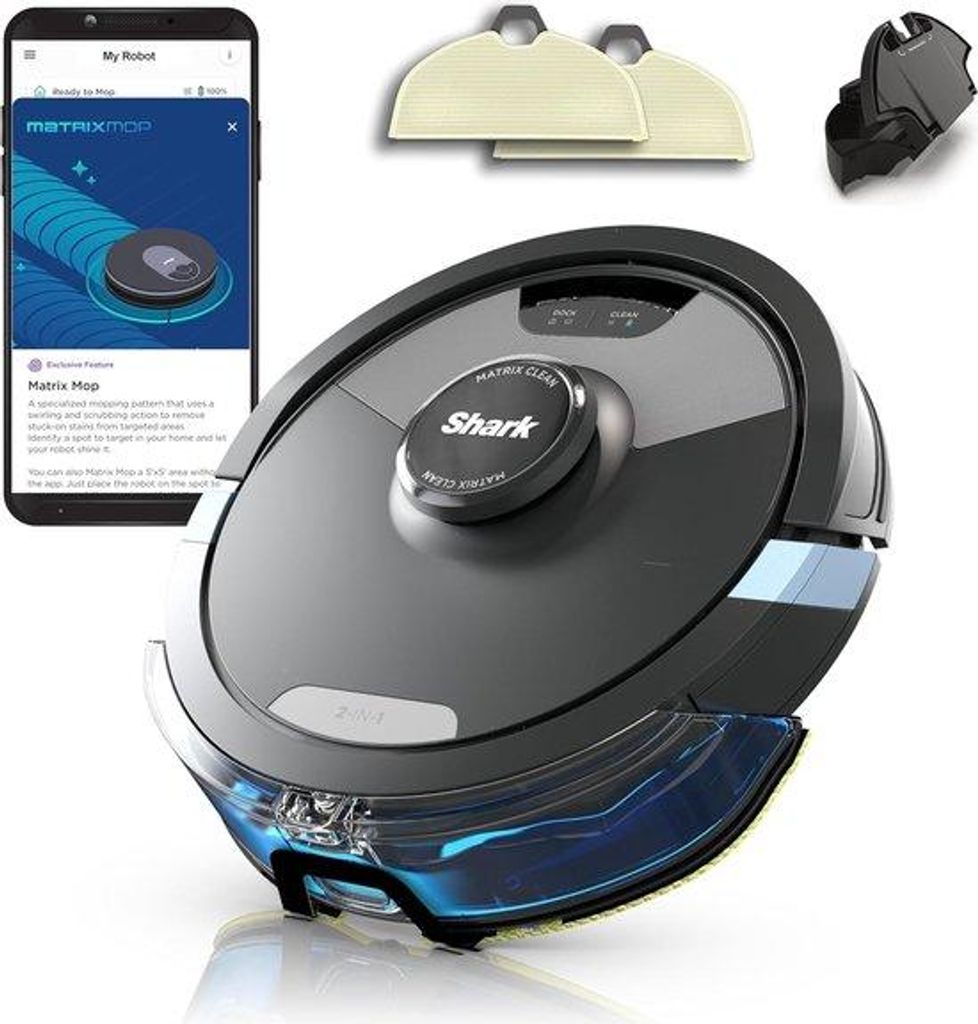 A Shark robot vacuum cleaner and its accessories are displayed against a white background, with a smartphone showing the product's app interface.