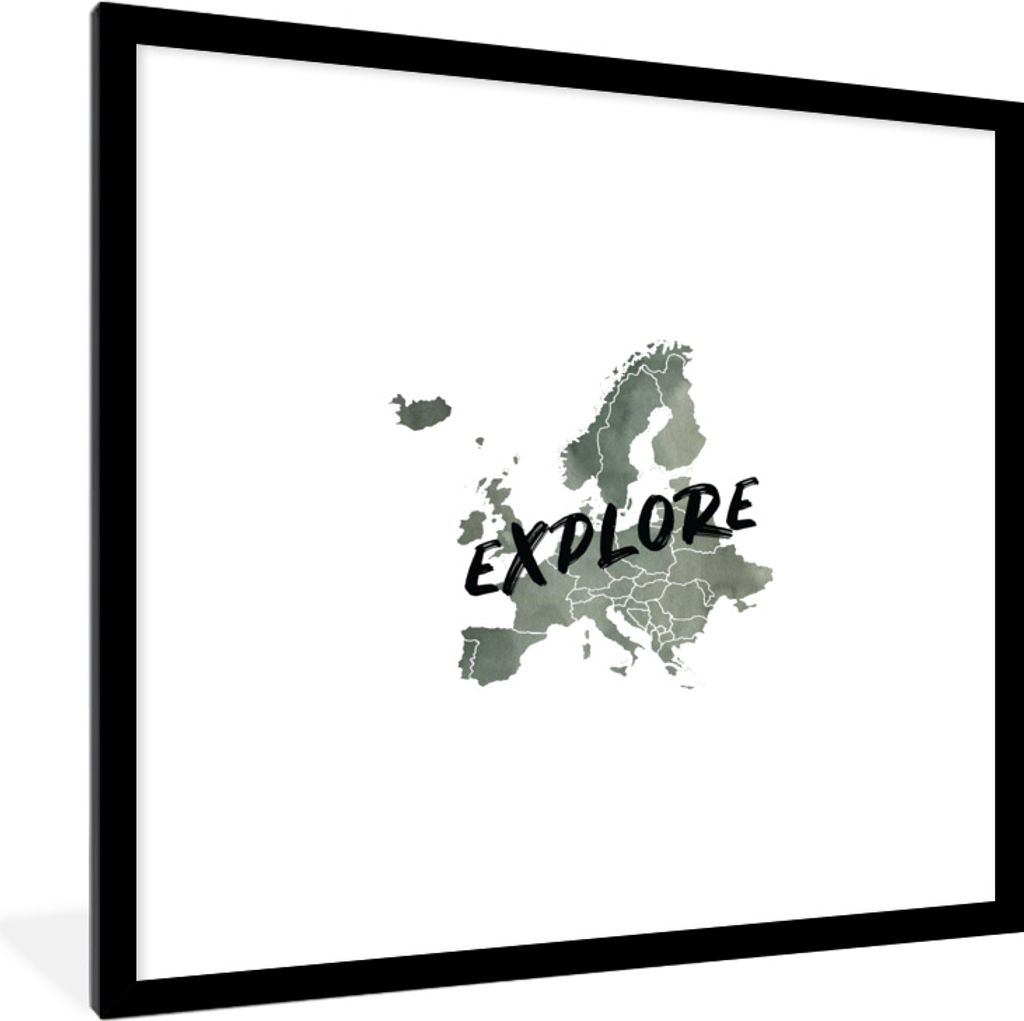 MuchoWow MuchoWow Gerahmtes Poster Karten - Europa - Aquarell - Briefe 40x40 cm - Poster mit zchwarzem Bilderrahmen - Poster - Plakat im Rahmen