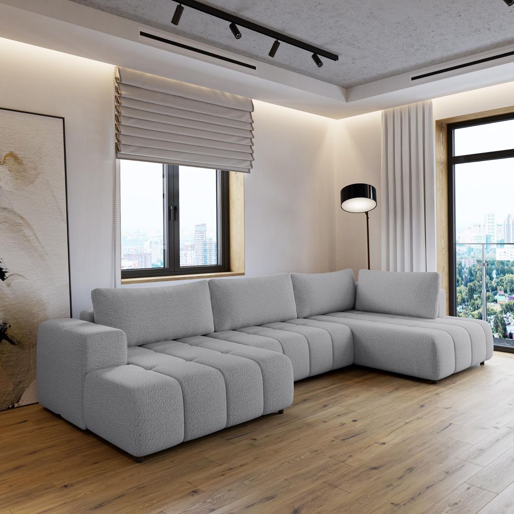 Ecksofa mit Schlaffunktion und Bettkasten - Wohnzimmer Sofa, Rechts, ESSA 377x204x88cm, U form, Eckcouch, Polstermöbel - cremefarben