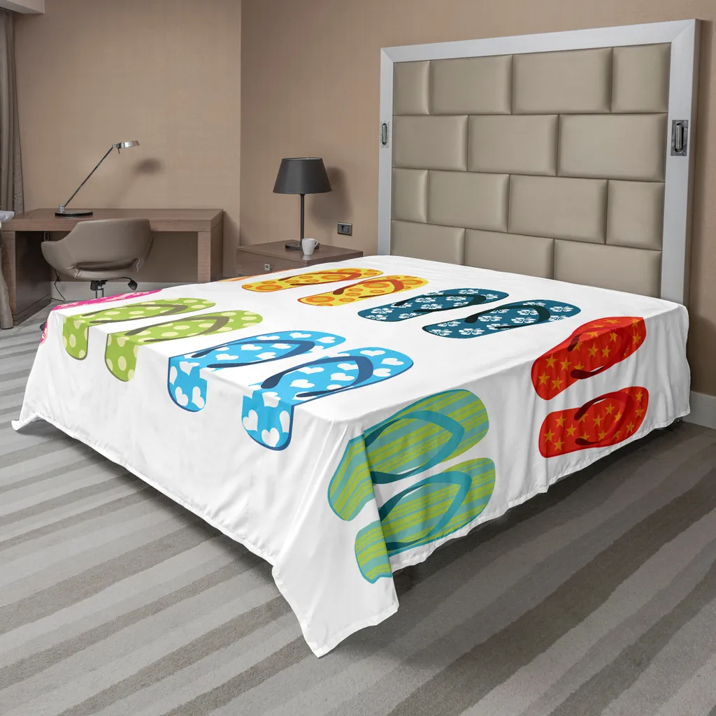 Drap Plat Doux pour Lit Double Design Cartoon Vacances et Cœurs 260x228 cm