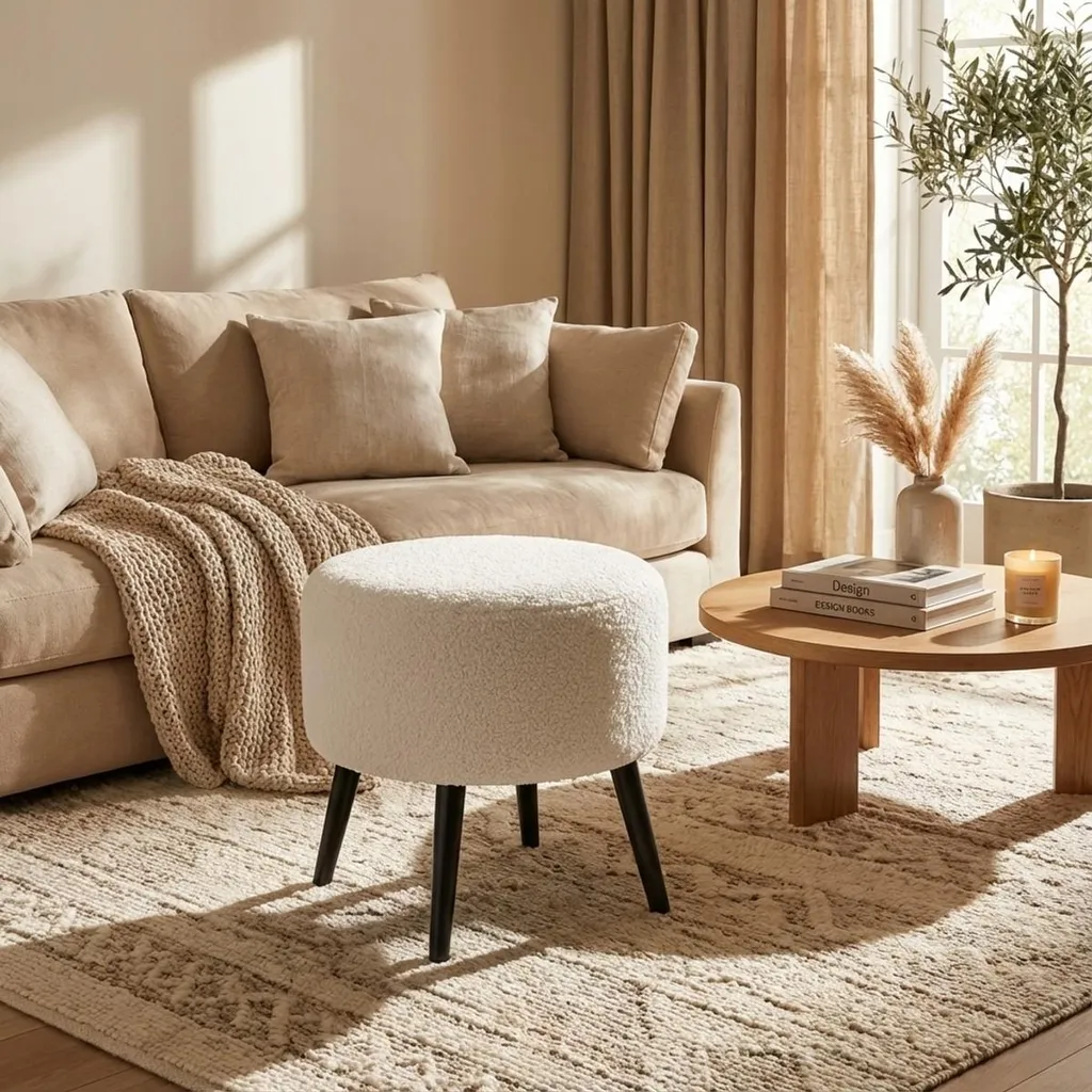 Petit pouf de salon Belix blanc bouclé avec piètement métal noir chic