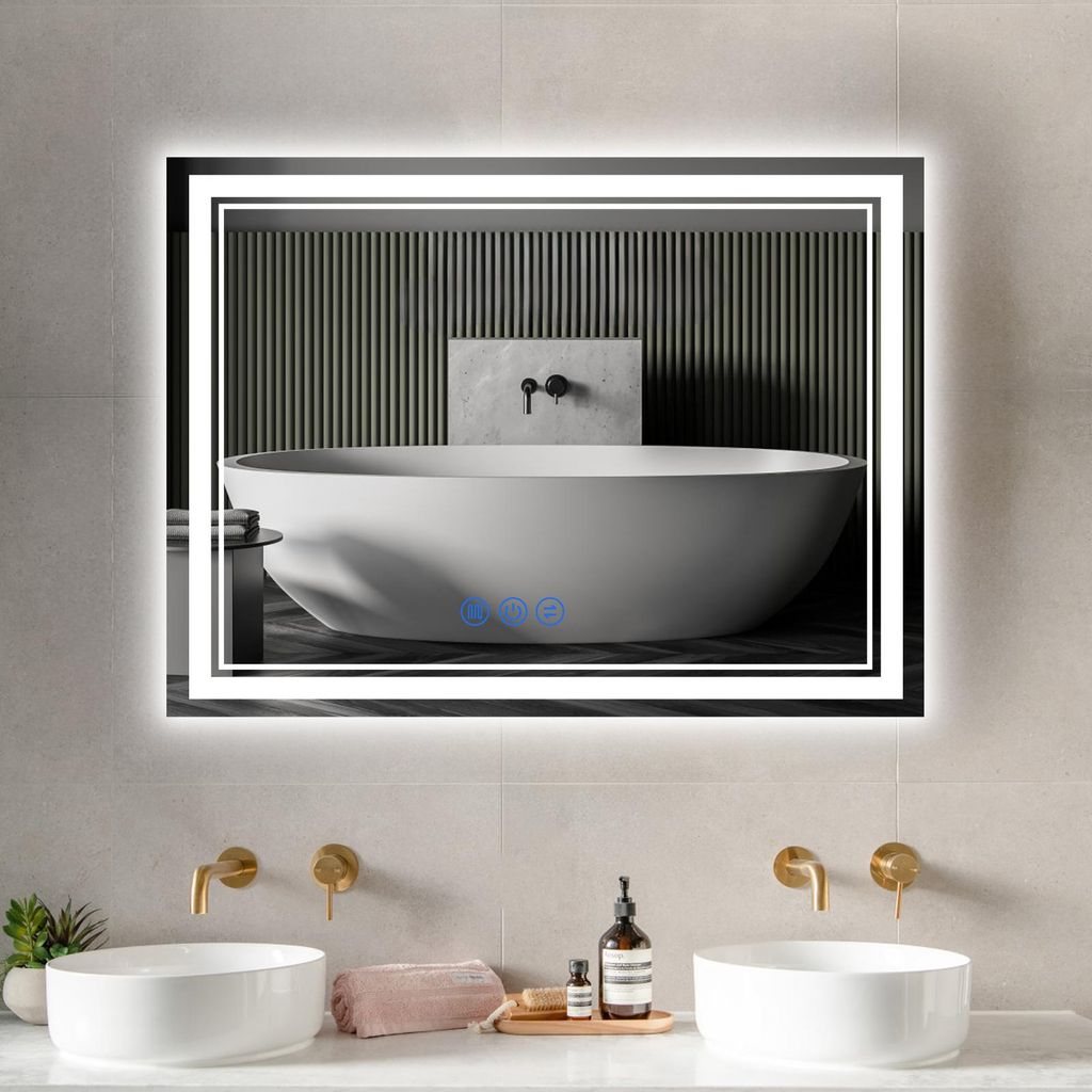 Badspiegel-mit-Beleuchtung 150x90cm - Badezimmerspiegel LED Badezimmer Spiegel mit Beleuchtung, Touch-Schalter, Dimmbar, 3 Lichtfarben, Wandspiegel