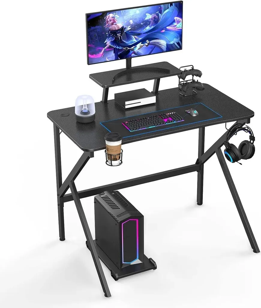 Bureau de jeu ergonomique noir avec support casque et porte-gobelet Zen