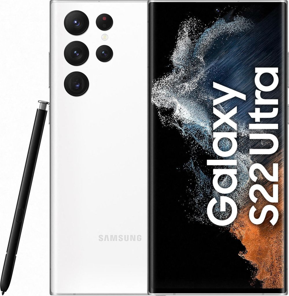 A white Samsung Galaxy S22 Ultra smartphone with its S Pen stylus is shown against a white background. The phone's screen displays marketing text and an abstract image.