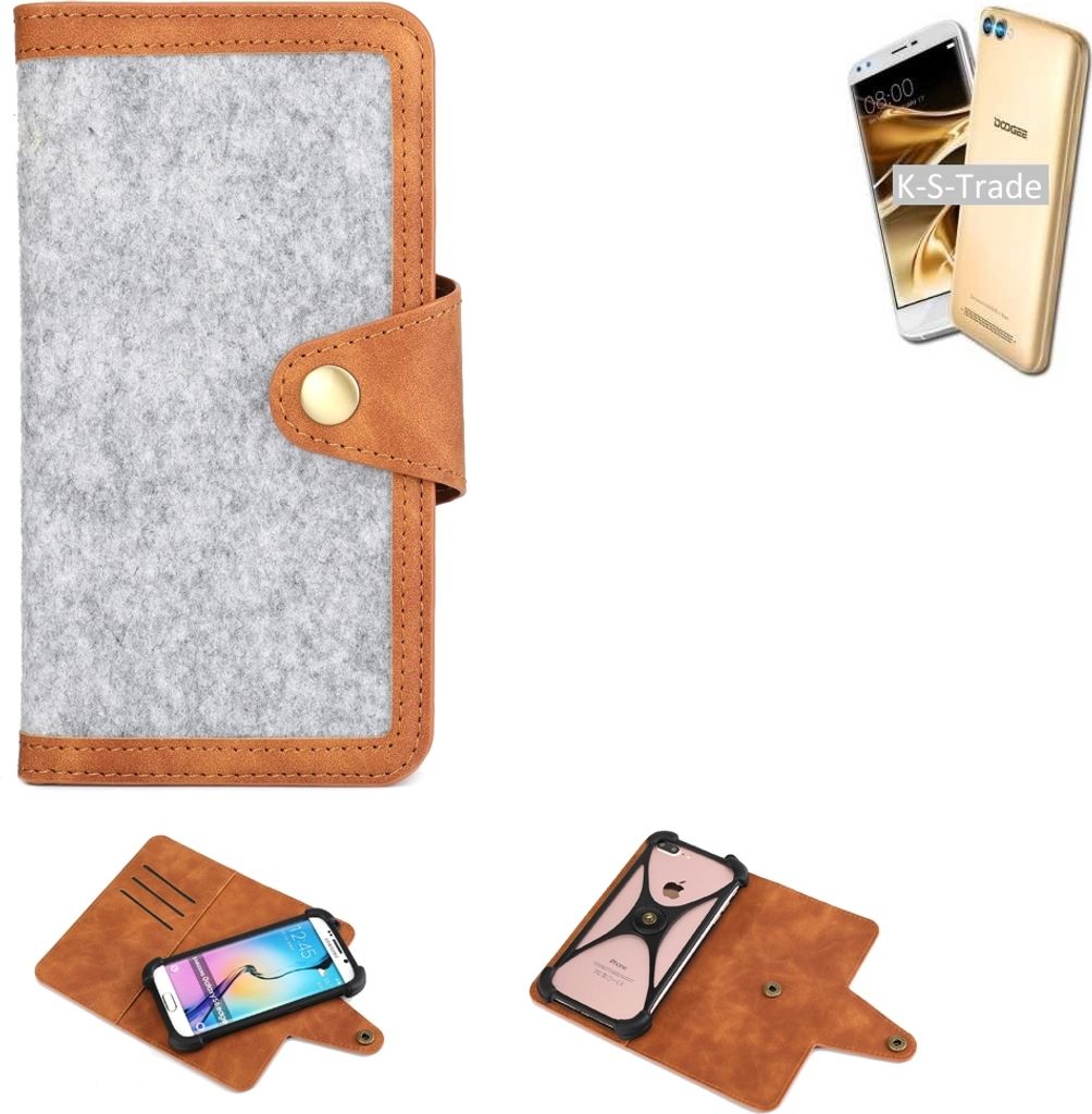 K-S-Trade Handyhülle kompatibel mit Doogee X30 Schutzhülle Filz-Hülle Kunst-Leder hellgrau braun (1x)