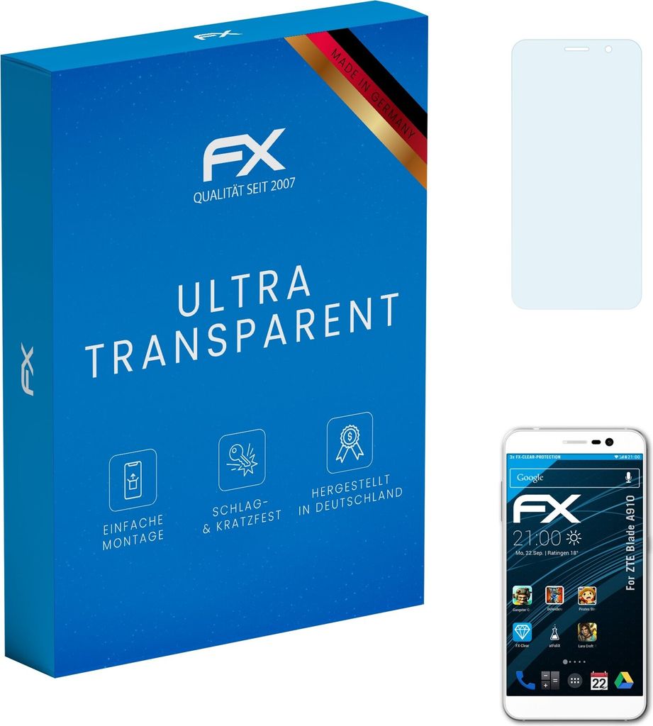atFoliX FX-Clear 3x Schutzfolie kompatibel mit ZTE Blade A910 Displayschutzfolie