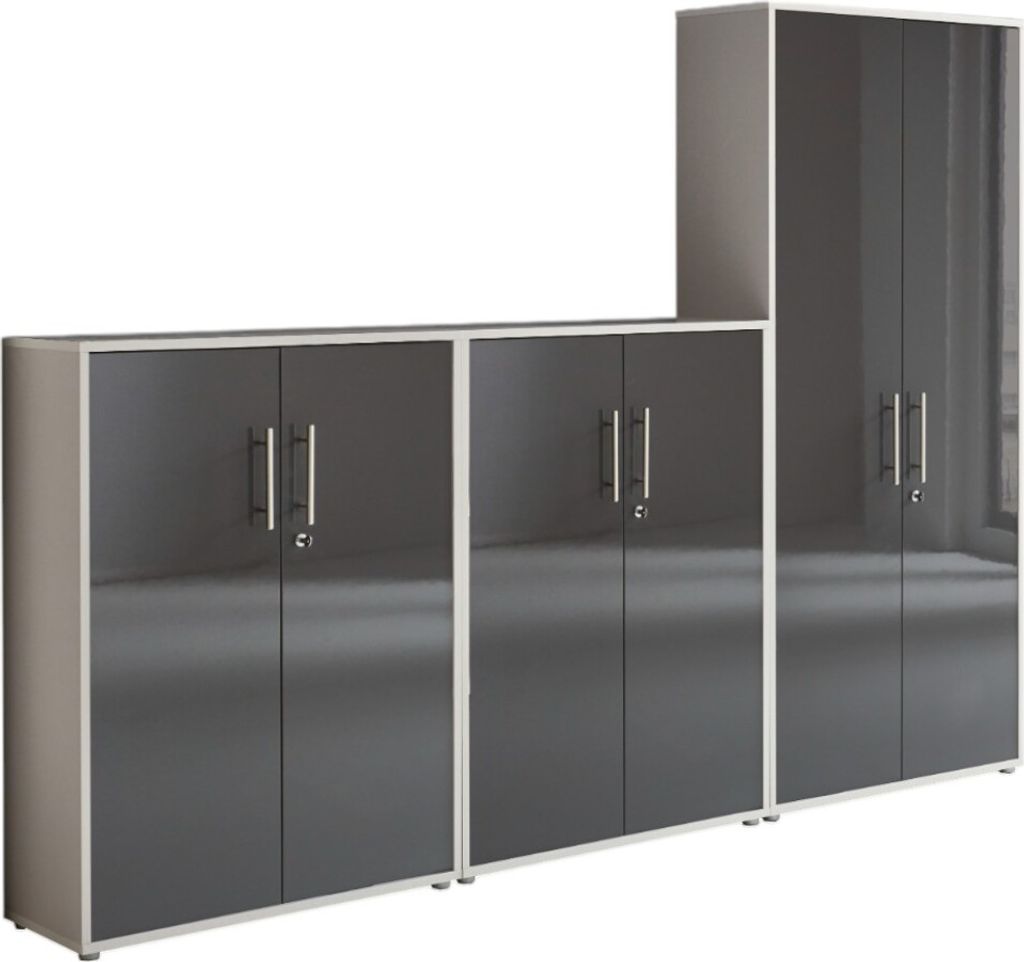 Aktenschrank TABOR 53 in lichtgrau / anthrazit Hochglanz, Schrankwand, Büroschrank, abschließbar, Metallgriffe