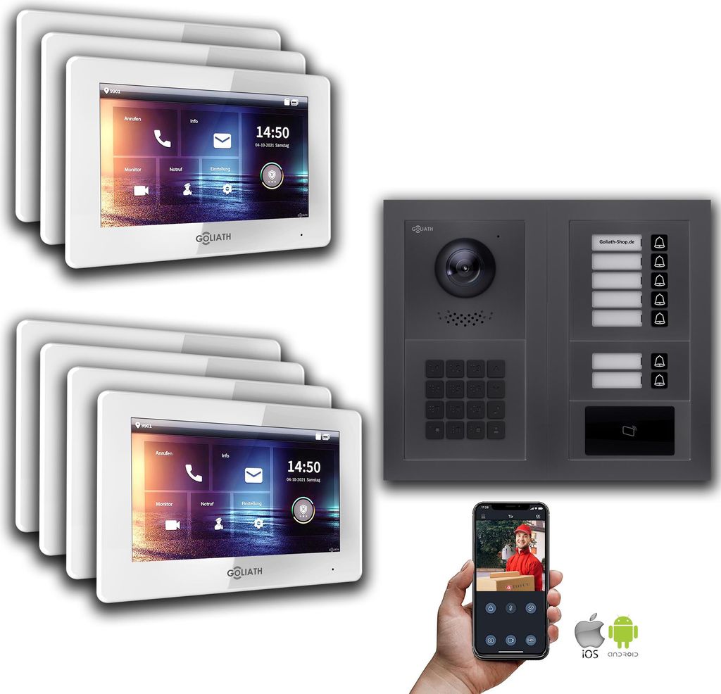 Goliath IP Video Türsprechanlage: 7-Zoll 7 Familienhaus, RFID, Zahlencode, Anthrazit : 7 Zoll Weiß : Unterputzdose Monitor Farbe: 7 Zoll Weiß Mo...