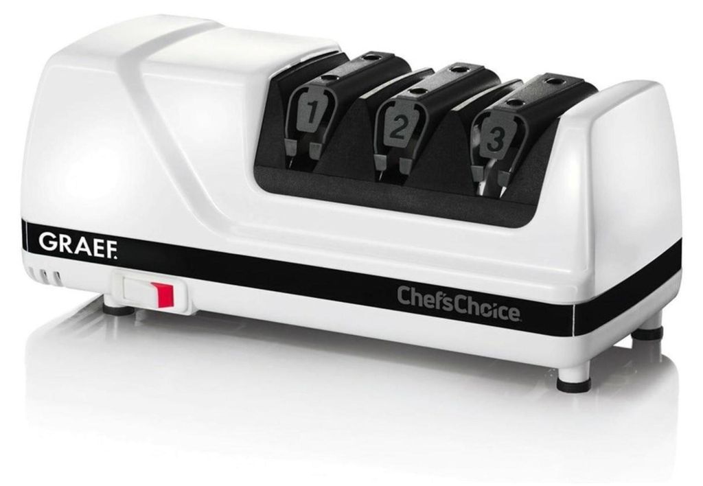 A white electric knife sharpener with three sharpening slots labeled 1, 2, and 3.