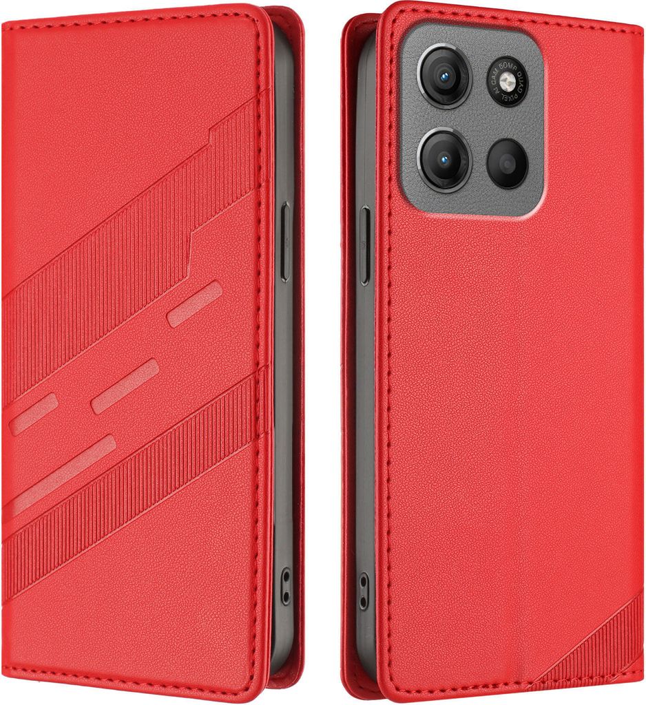 Hülle für Motorola Moto G15, Kunstleder Brieftaschen Handyhülle mit Kartenfach und Standfunktion Rot