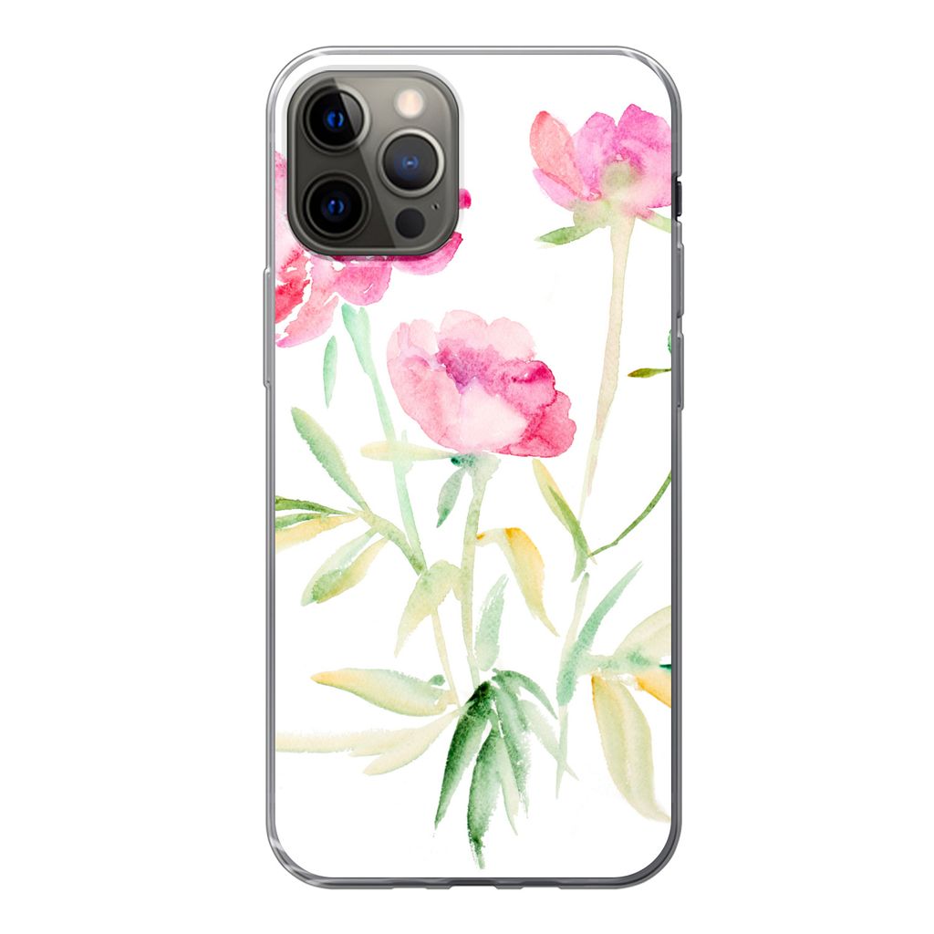 MuchoWow Handyhülle Schutzhülle Hülle für iPhone 13 Pro Blumen - Aquarell - Rosa Silikon Softcase Handy Hülle - Handy-Tasche