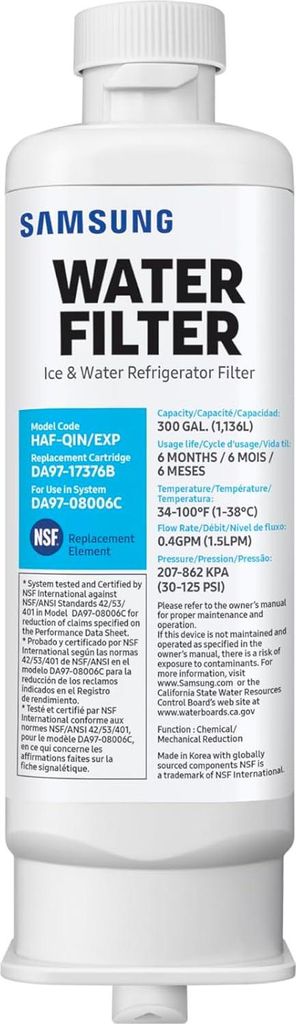 A white Samsung water filter for a refrigerator, shown upright against a white background.