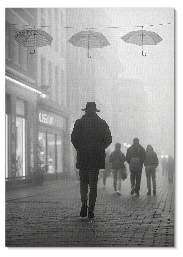 POSTER - 59x84 cm (A1) - Visual Echo - Gestalt mit Hut, Nebel, Regenschirme, Geheimnis - Wandbild für Wohnzimmer Schlafzimmer & Flur, Modernes Pos...