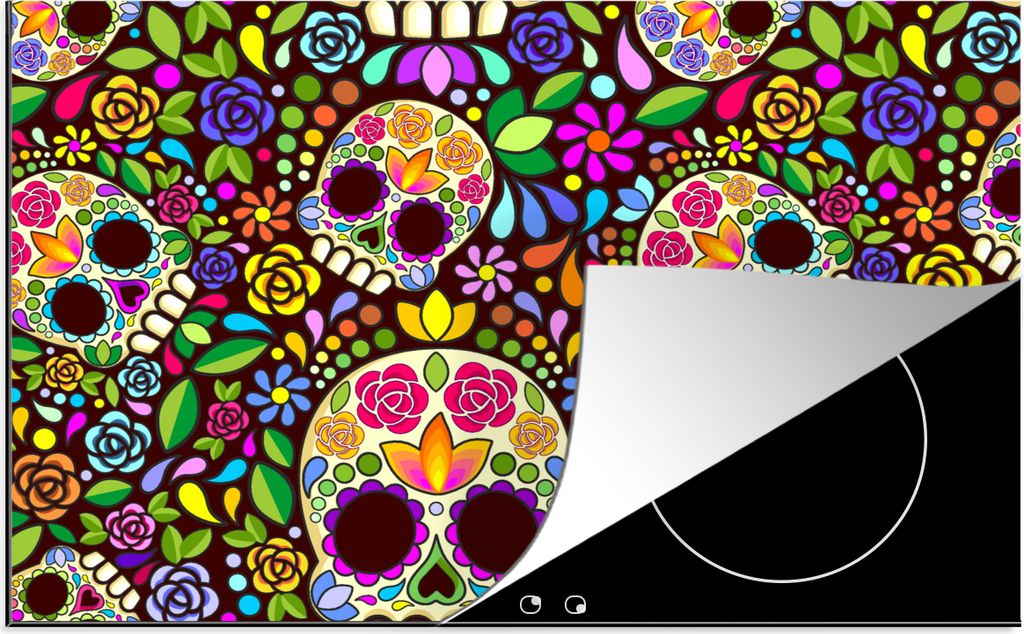 KitchenYeah Herdabdeckplatte Blumen - Totenkopf - Muster , 81x52cm, Küche Deko, Glaskeramikkochfeld Herdabdeckung, Abdeckplatte fùr Kochfeld