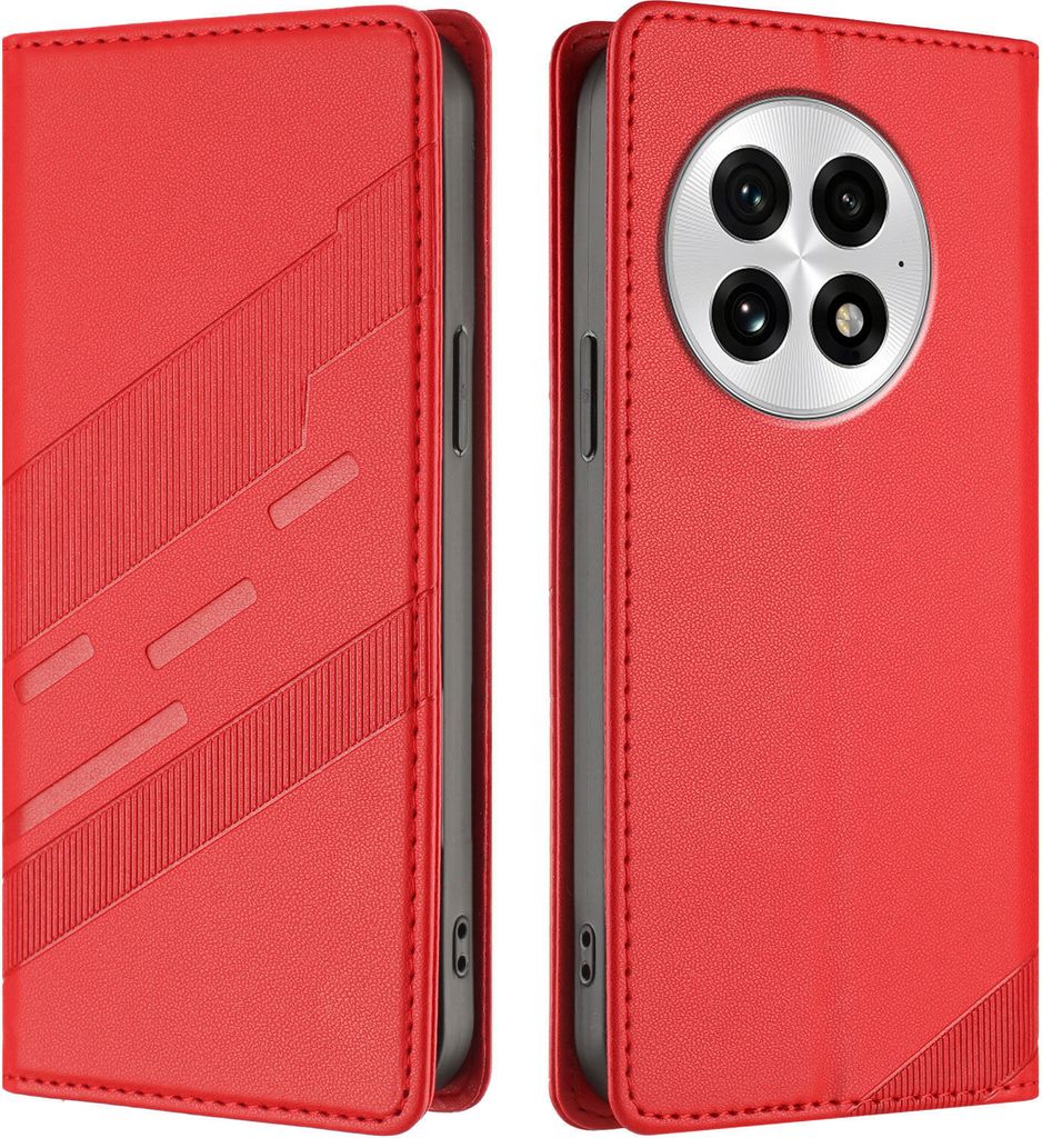Hülle für OnePlus 13, Kunstleder Brieftaschen Handyhülle mit Kartenfach und Standfunktion Rot