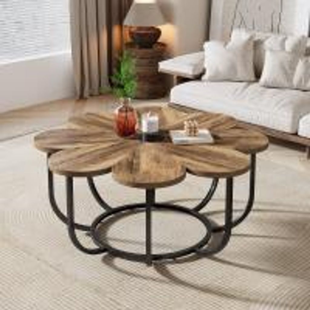 A flower-shaped coffee table in a living room setting.