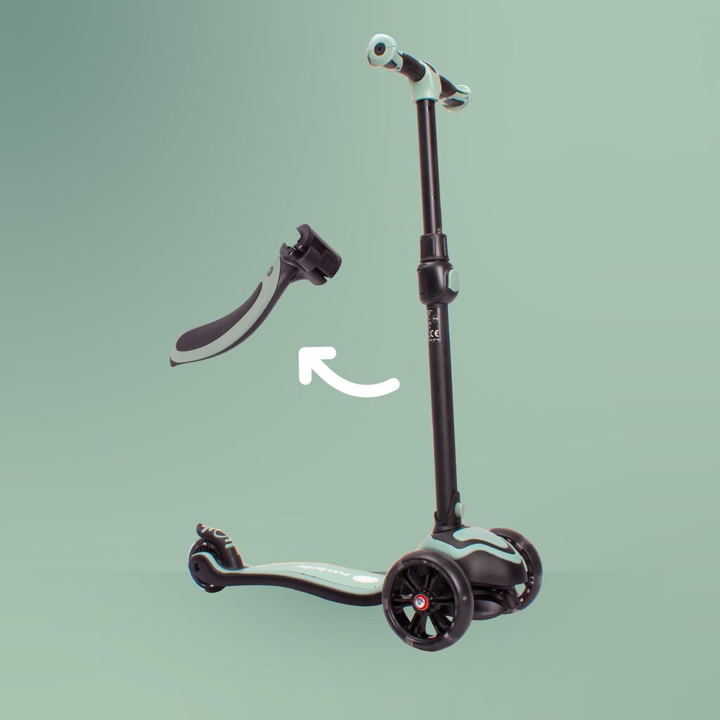 A three-wheeled scooter with a detached handlebar, shown against a plain green background.