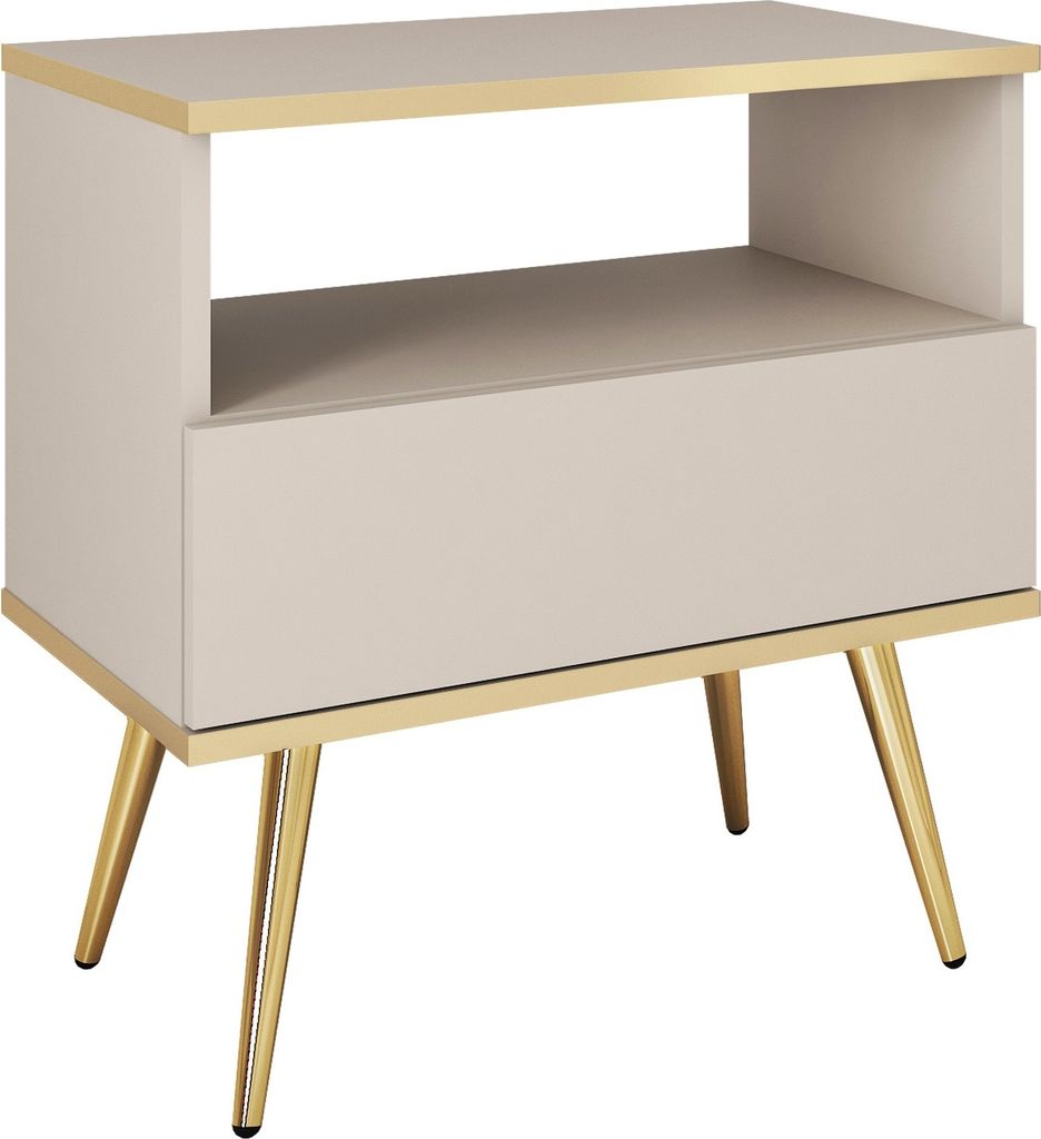 Nachttisch mit Schubladen Rodi - Nachtschrank 50 cm, Schlaffzimmer, gold Accessoires mit Beinen - Beige + Gold
