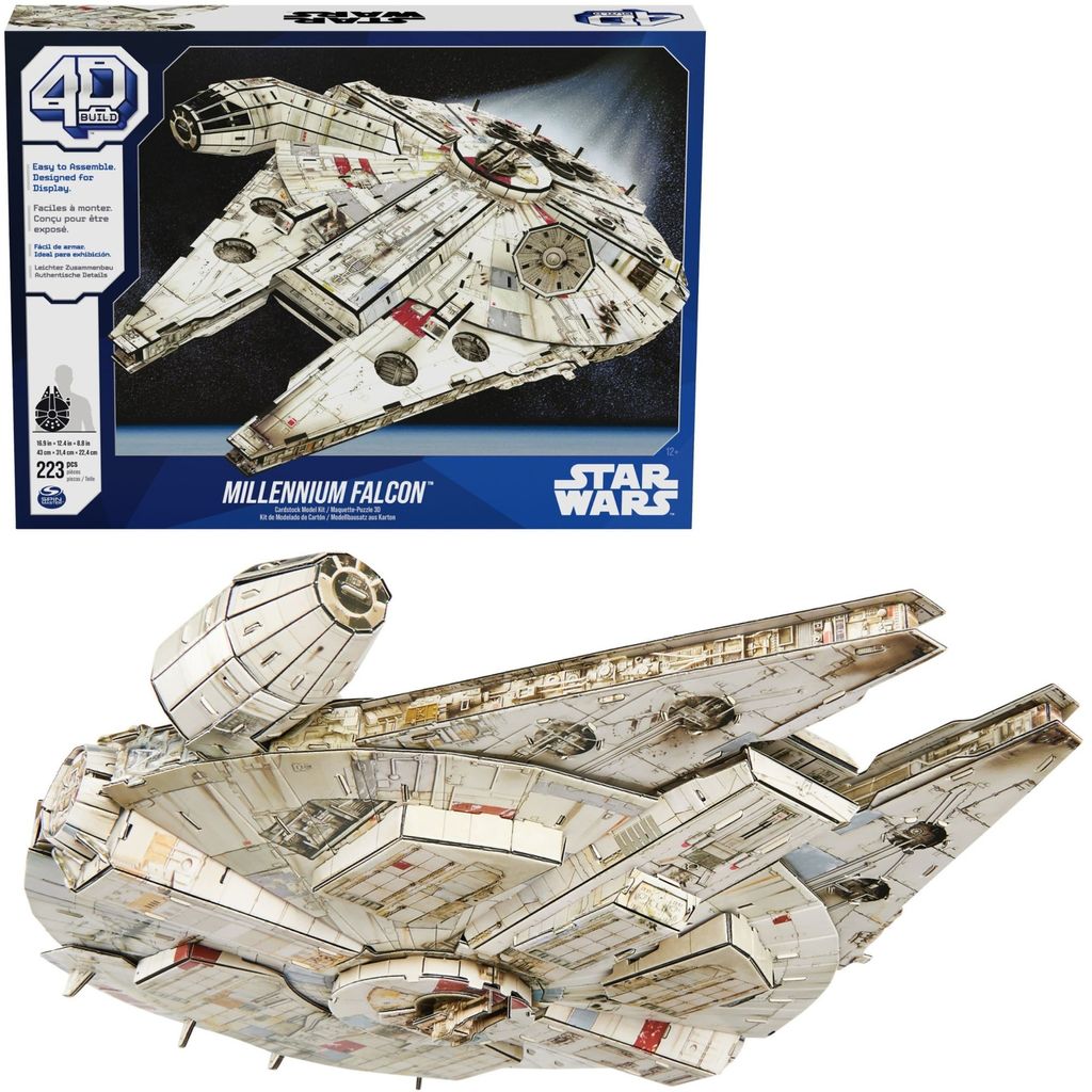 A product box and a 3D model of the Millennium Falcon.