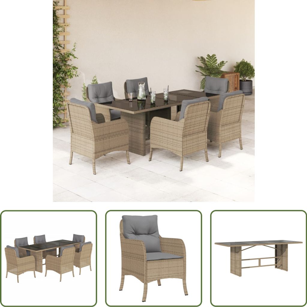 The Living Store 7-tlg. Garten-Essgruppe mit Kissen Beige Poly Rattan