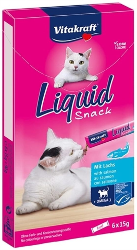 A box of Vitakraft cat liquid snacks with salmon flavor.