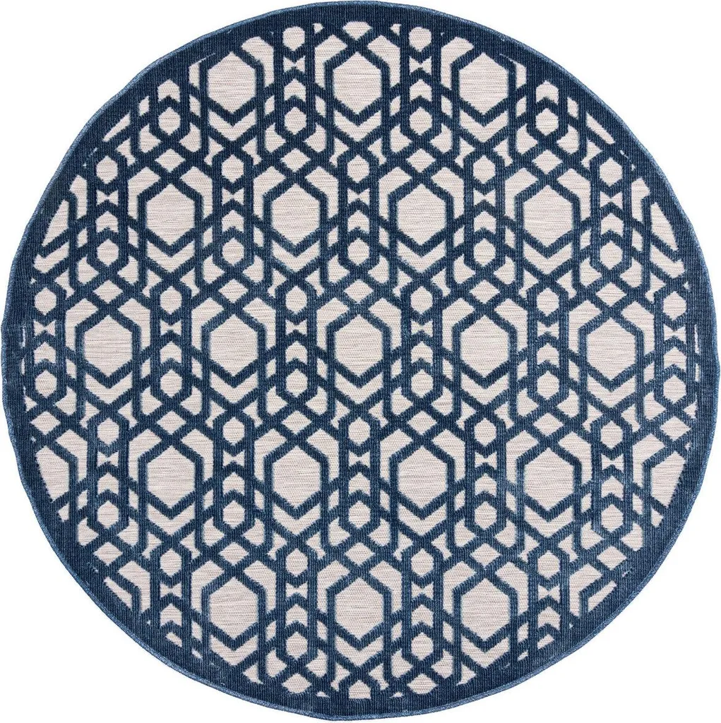 Grand Tapis de Salon Rond Bleu et Or 160cm, Usage Terrasse et Jardin