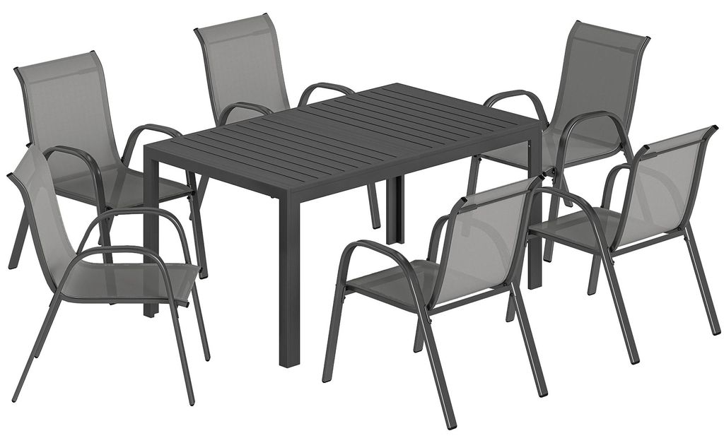 Gartenmöbel Set Sitzgruppe 7-teilig Tisch mit 6 Atmungsaktiven Stapelstühlen Lamelldesign Hellgrau