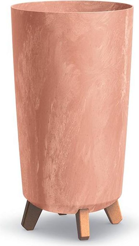 A tall, cylindrical planter with a marbled terracotta-like finish and three wooden legs.