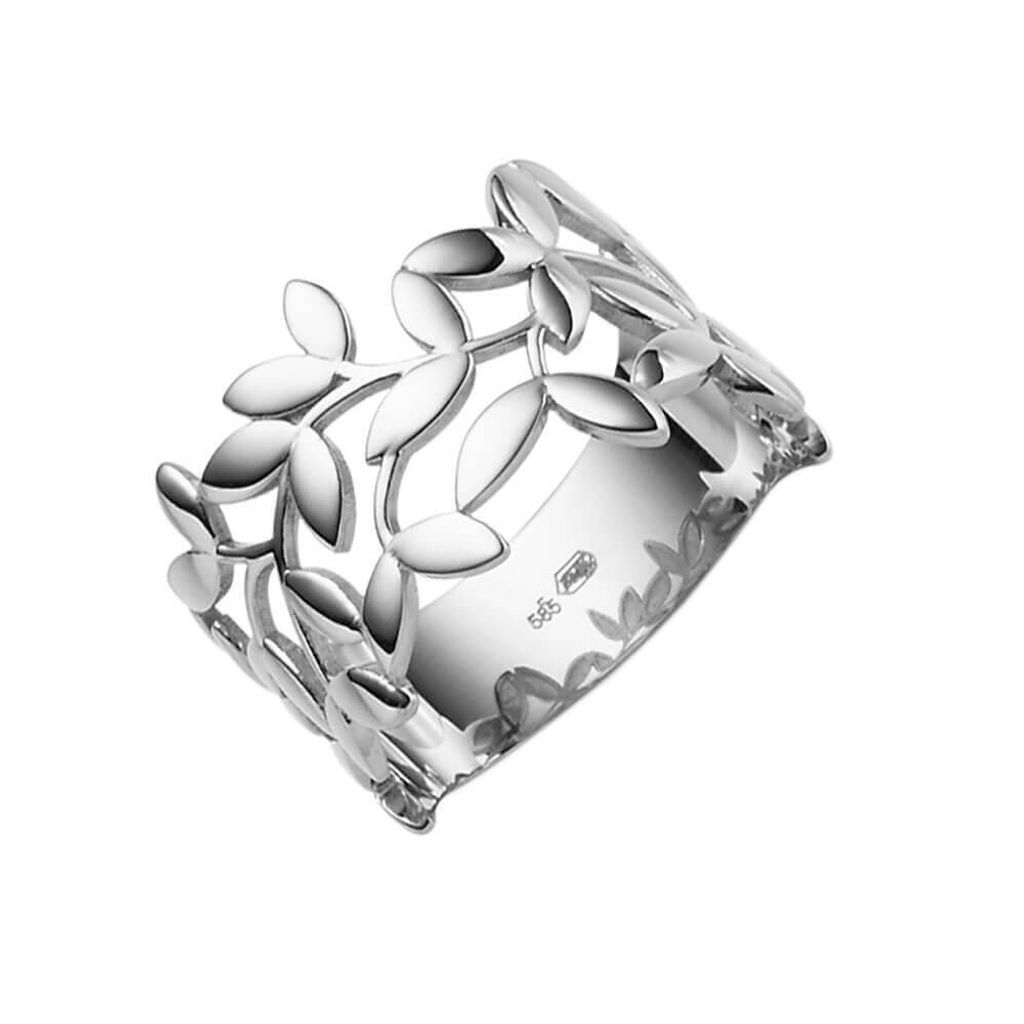 Ring Olivenzweig aus 585 Gold Weißgold Breite 12mm glänzend Fingerring Damen Innenumfang 52mm Ø16.6mm