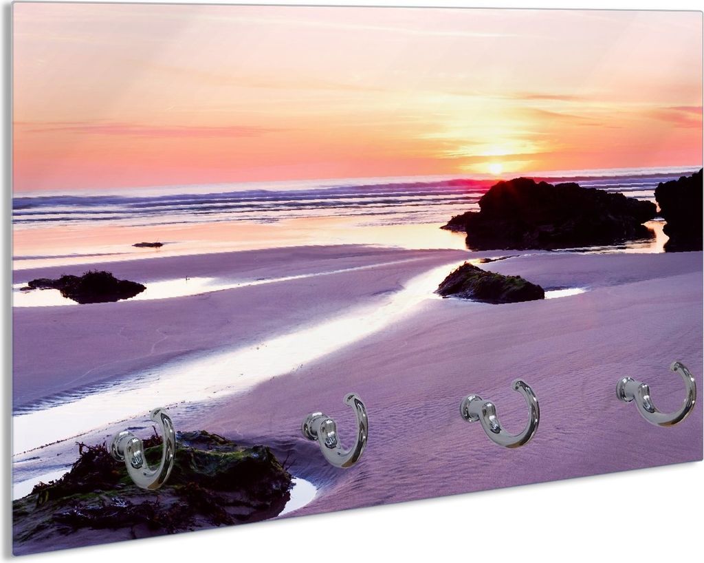 Wallario Handtuchhalter aus Glas, Motiv: Sonnenuntergang am einsamen Strand, 30 x 20 cm mit 4 Haken