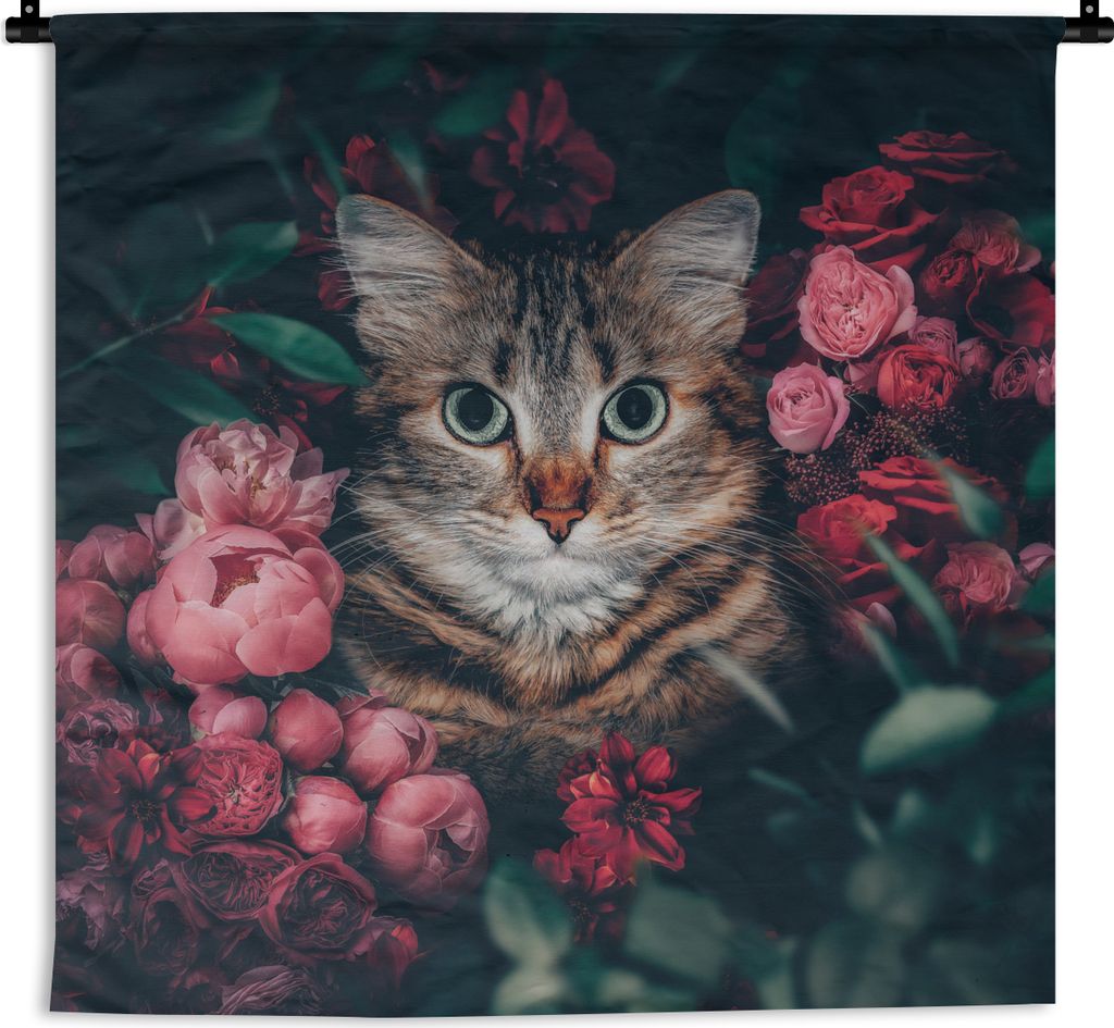 MuchoWow Wandteppich Wandbehang Katze - Blumen - Blätter - Botanisch 60x60 cm Tapisserie Dekoration Wandtuch - Dekorationen - Wand Decke