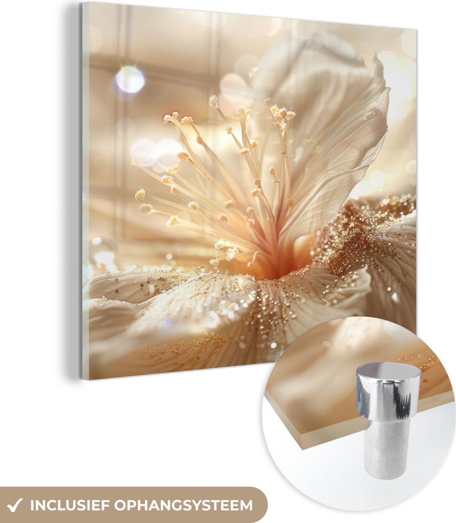 MuchoWow Glasbilder - Bilder auf Wandbild - Foto auf Glas Blume - Weiß - Glitter - Gold - Modern 40x40 cm Wanddekoration aus Glas - Acrylglasbild ...