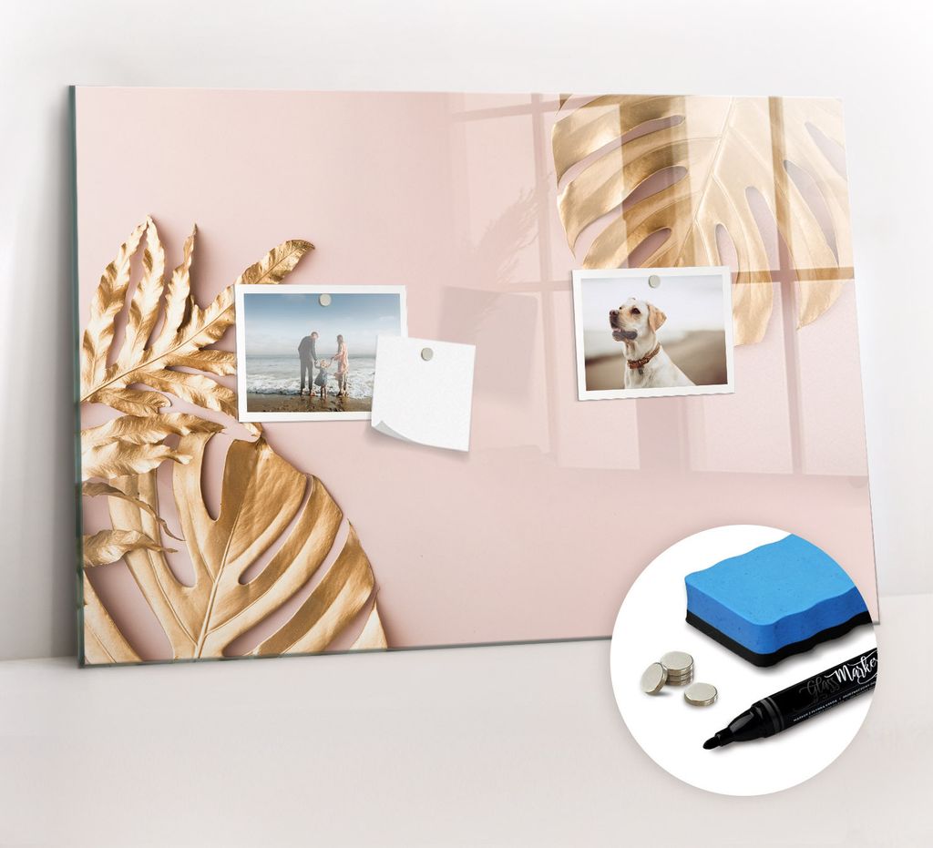 Magnetpinnwand Memoboard - Zubehörsatz - Schwarzer Marker + Schwamm + Magnete - 60 x 40 cm - Goldene tropische Blätter